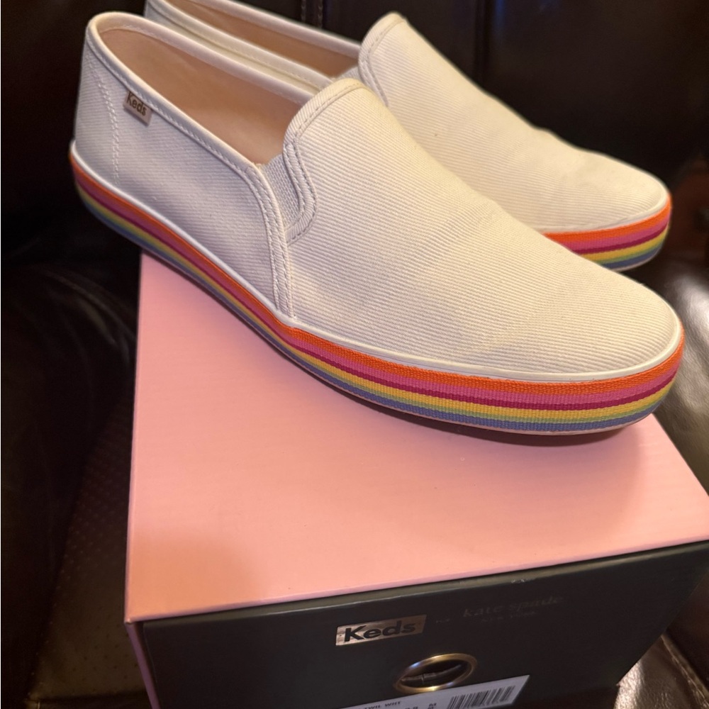 Kate Spade ♠️ Keds White Slip-On Shoes with Rainbow Trim